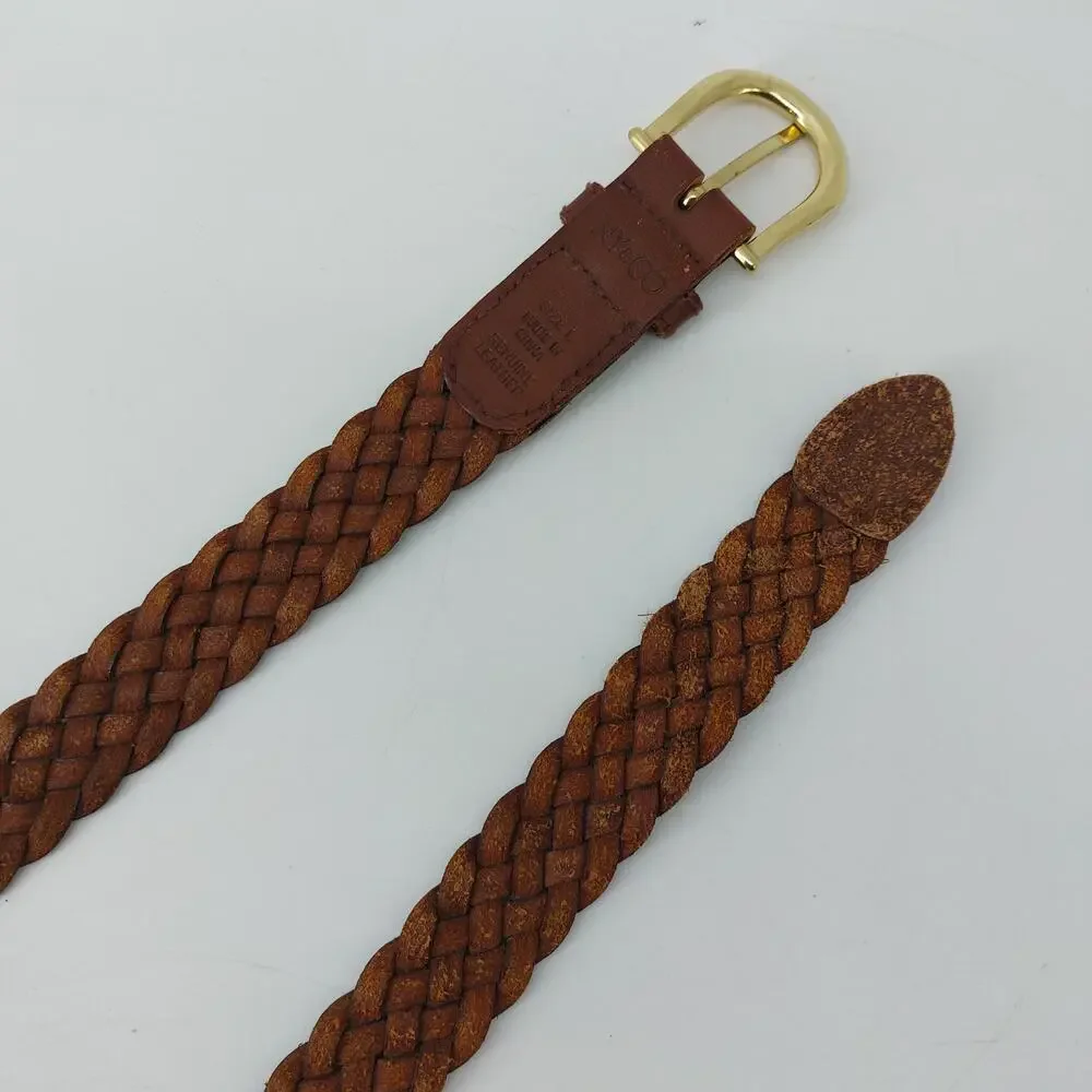 NY & CO Women's Sz L Brown Braided Belt Gold Buckle Casual